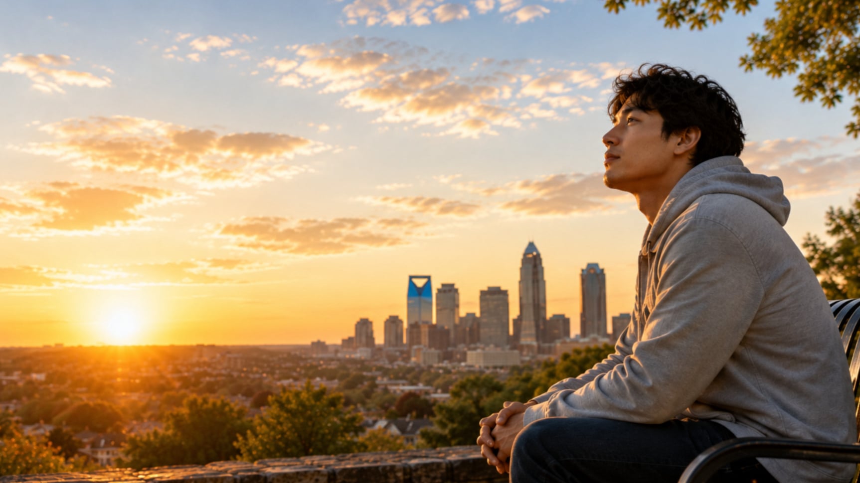 A person overlooking a peaceful town at sunrise